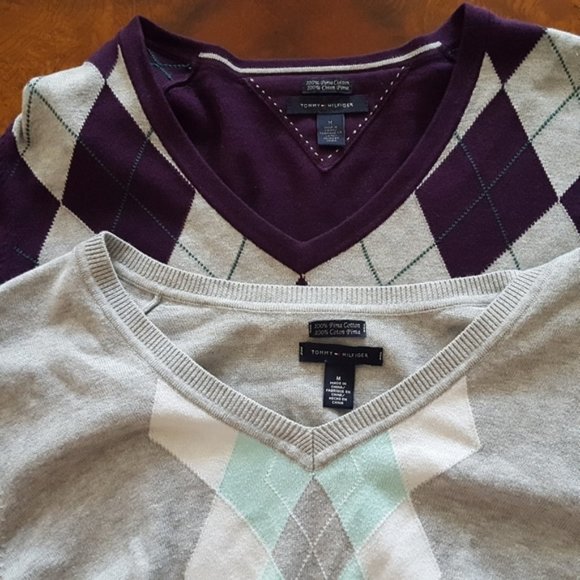 TOMMY HILFIGER Sweaters Academia lot 4 Cotton Preppy Argyle Stripe Fall V-Neck - Picture 2 of 5